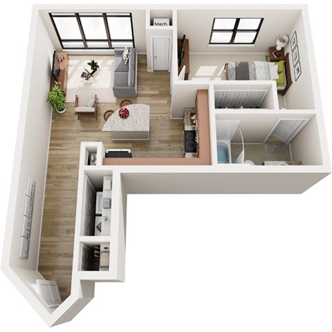 Floor plan for 1 bed, 1 bath, 648 sqft